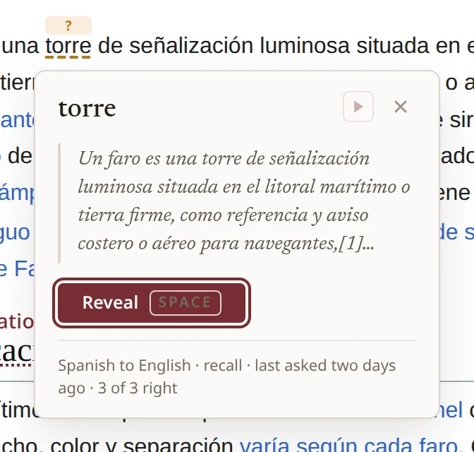 The card for a word that is due for recall, with the Reveal button