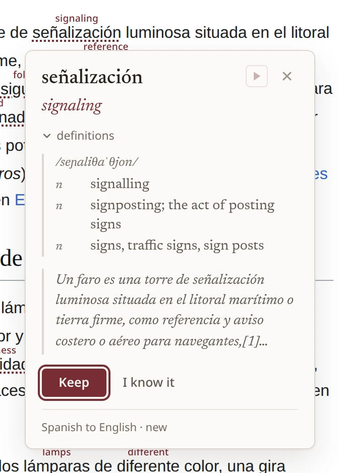 The word card open on a marked word, with its translation, definitions and the Keep button