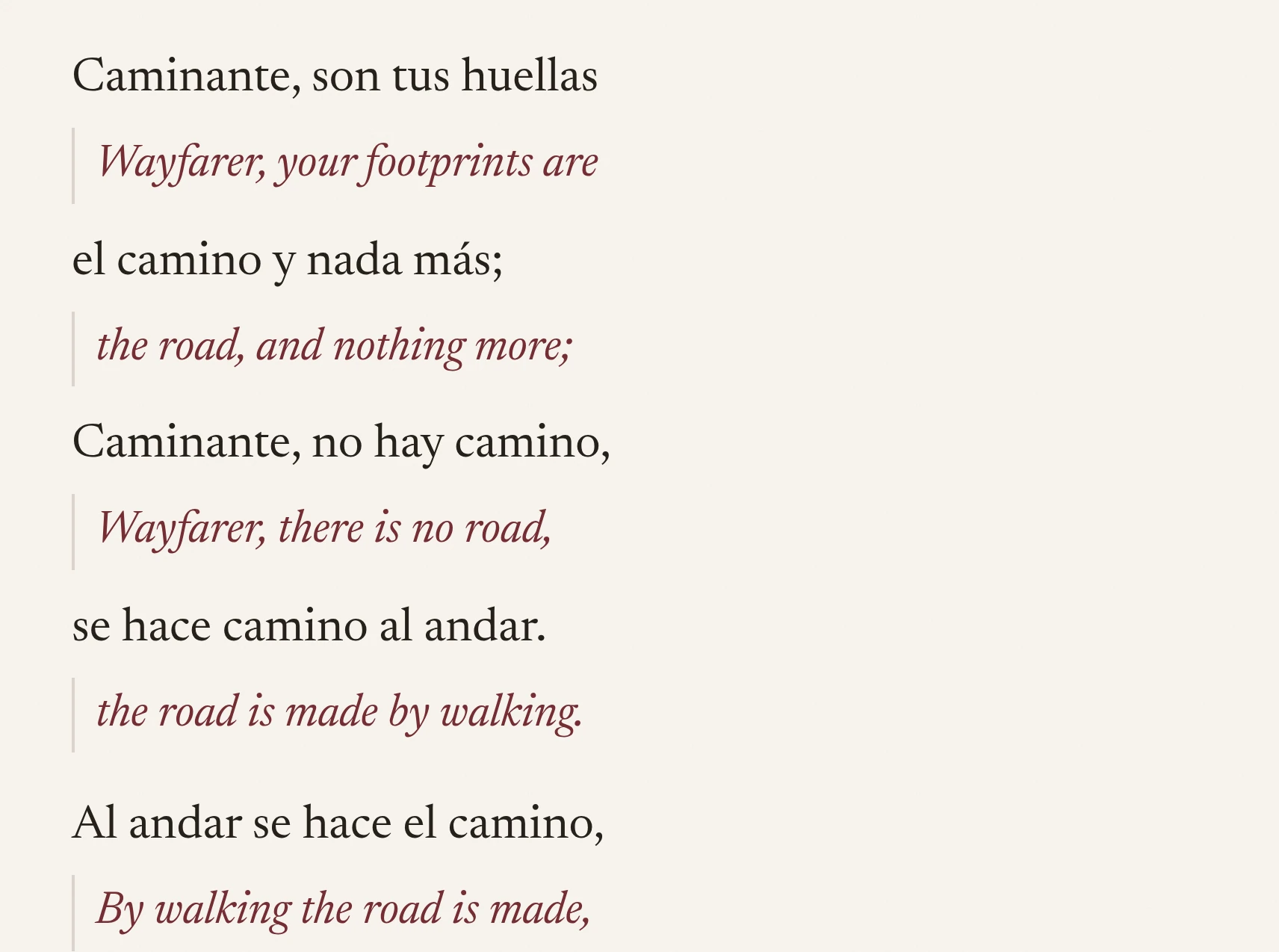 A page in dual language, inline: each line followed by its translation
