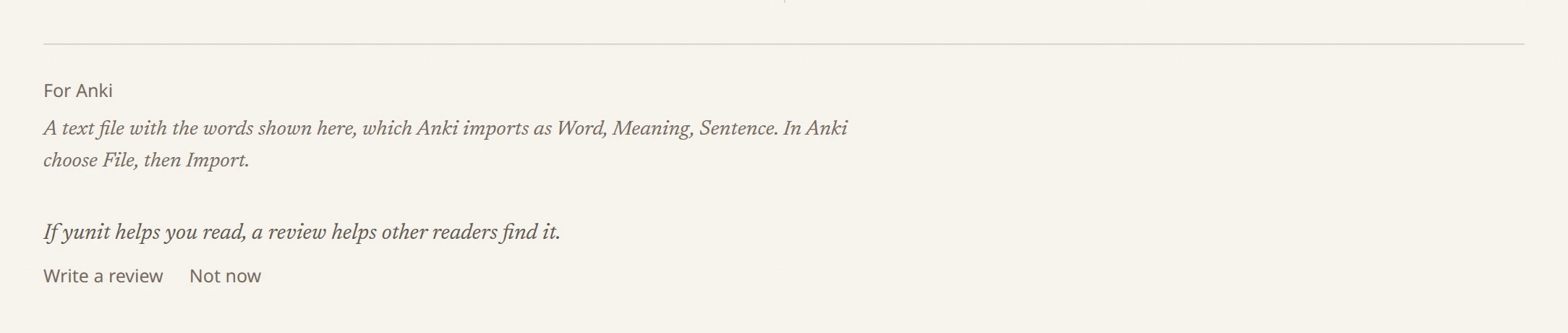 The foot of the lexicon, with the export for Anki and the review line