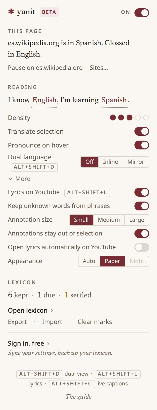 The popup, with the More section unfolded