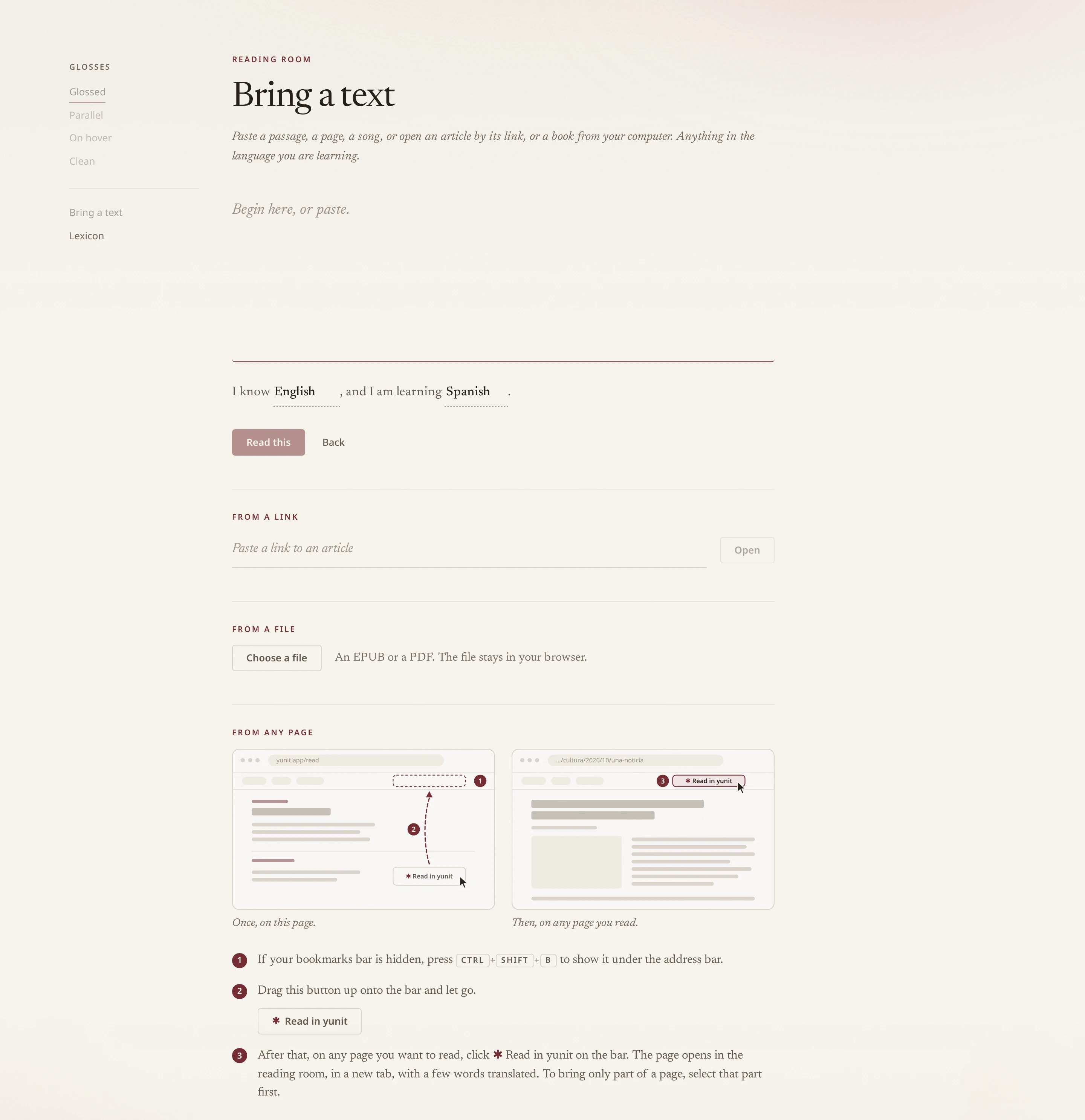 The Bring a text sheet: a blank page, a link, a file