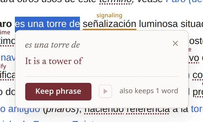 The phrase card over a selected phrase