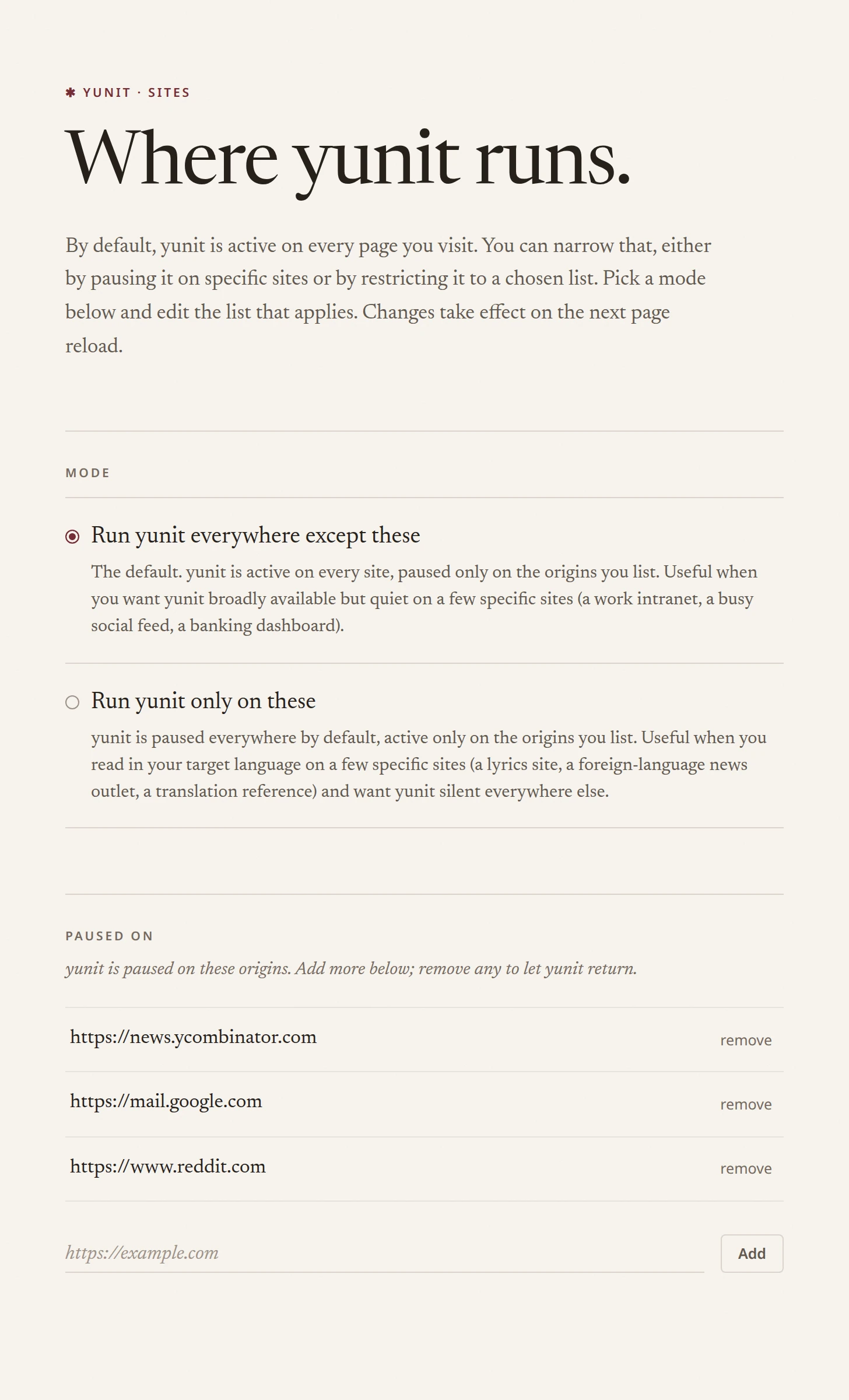 The sites page, with two sites listed