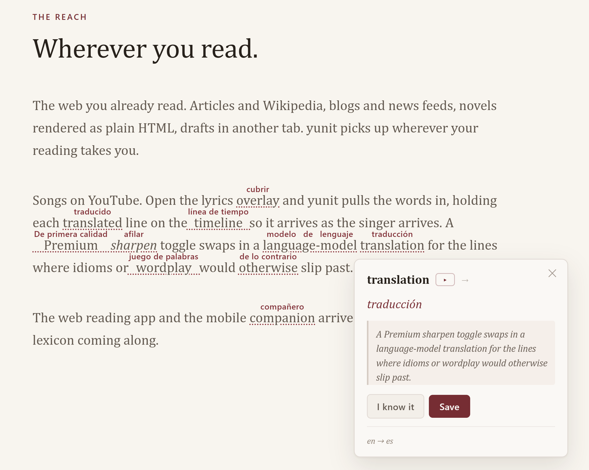 The yunit panel as it opens beside a word, showing the translation, the surrounding sentence, a quick definition, and a pronunciation icon.